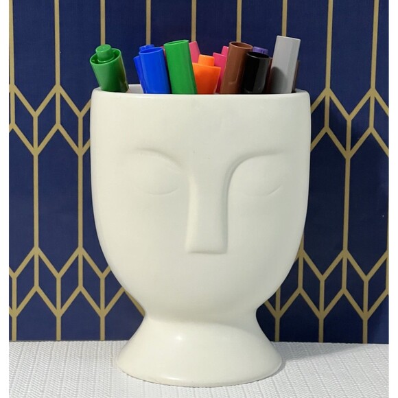 Ceramic Face Head Pedestal Planter Vase Etched 3D White Utensil Crock Organizer - Picture 4 of 17